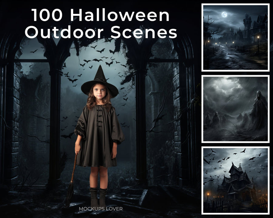 scene of a spooky outdoor halloween background with pumpkins and fog, ideal for kids' photo shoots and decorations