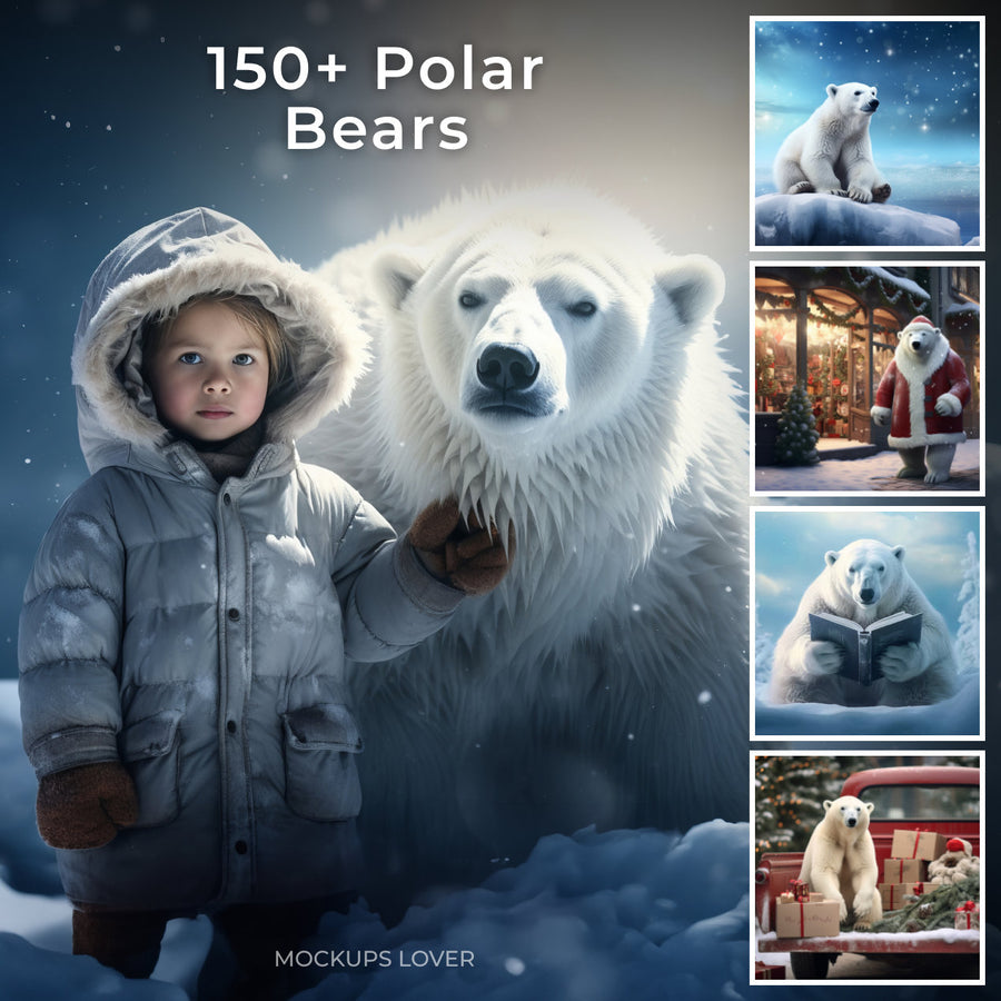 polar bear character in winter landscape, suitable for holiday photos and christmas cards