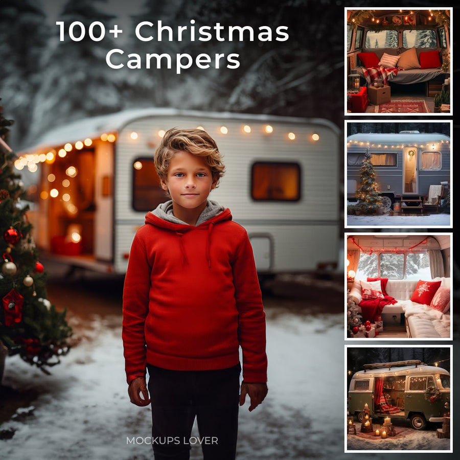 scene of a christmas camper in a snowy winter forest, ideal for holiday photography and festive projects
