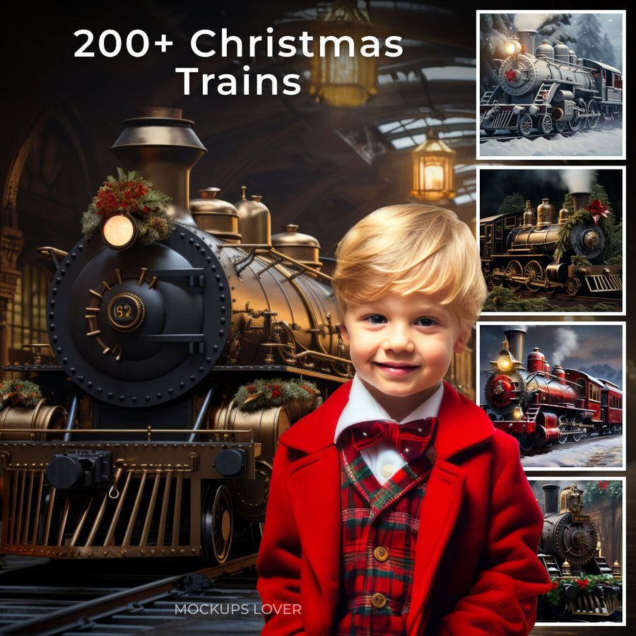 vintage train digital backdrop, winter scene, kids photography, christmas holiday, winter wonderland, festive photo prop