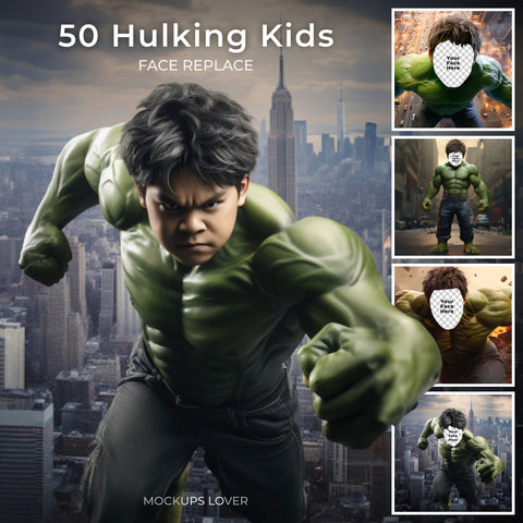 50 Hulking Kid Super Hero Face Replace Digital Overlays, Hulking Composite Cosplay Man, Green Super Hero, Mega Bundle, Scrapbook, Comics