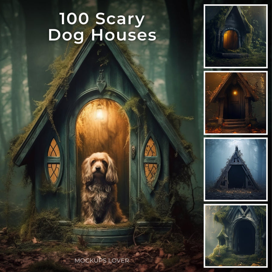 scary halloween dog house digital background cover featuring spooky pet scene