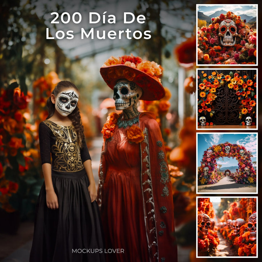 scene of la catrina with sugar skulls and marigolds, perfect for day of the dead themed designs, on a digital backdrop