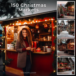 scene of a christmas market with decorated stalls and festive lights, ideal for holiday photo backgrounds