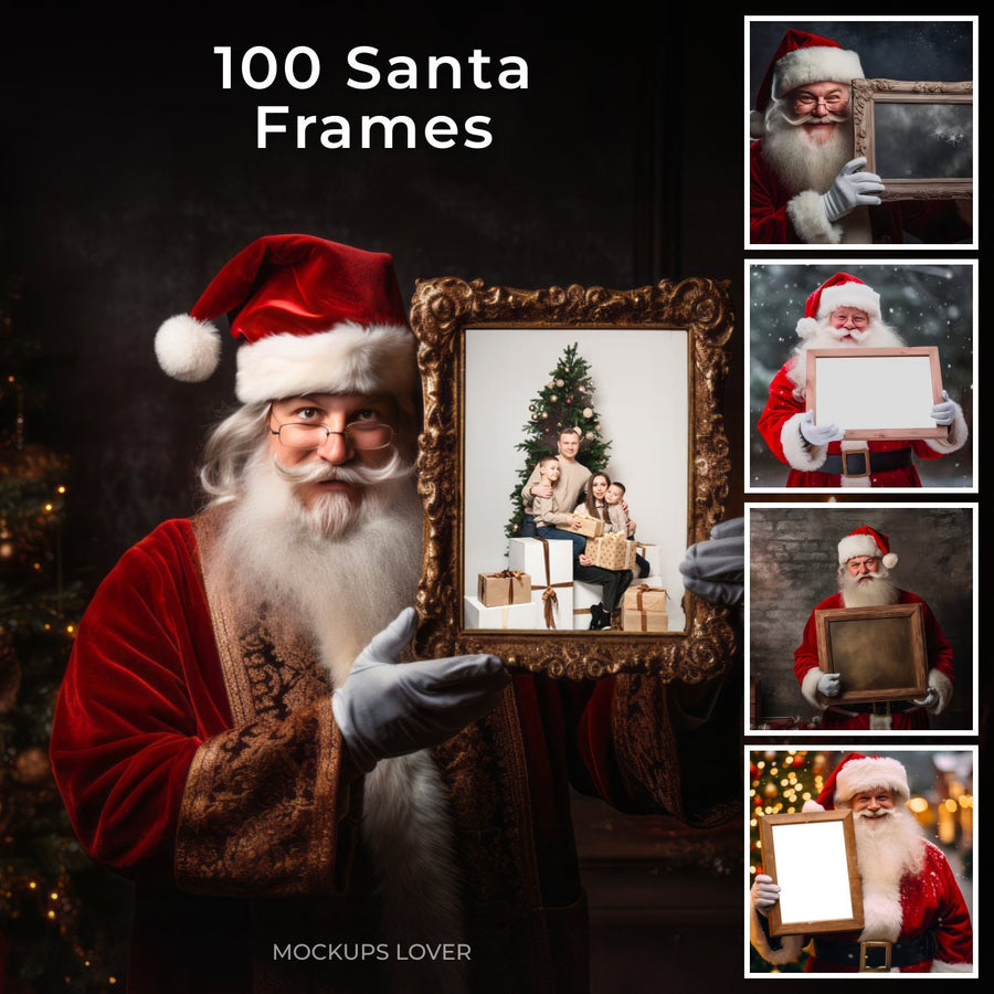 santa holding a frame in a festive christmas scene, ideal for holiday photos and creative projects