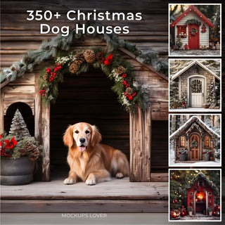 dog house scene with christmas decorations, perfect for pet portraits and holiday photos