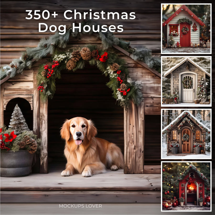 dog house scene with christmas decorations, perfect for pet portraits and holiday photos