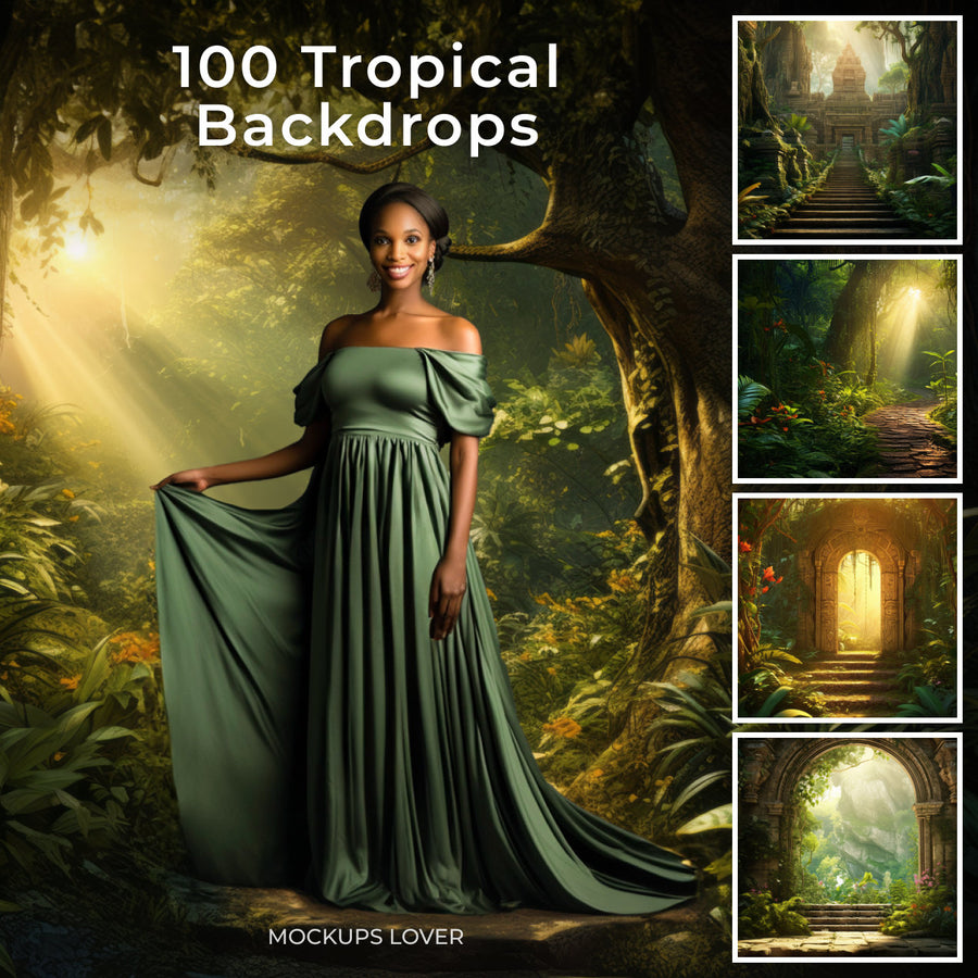 tropical digital backdrops maternity set featuring jungle landscape cover