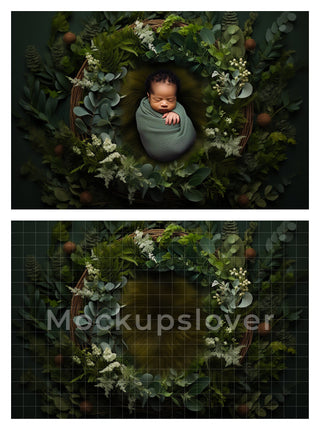 10 Newborn Digital Photography Backdrop Bundle, Forest Backgrounds, Nature Baby Boy Girl Prop, Wreath Nest, Green Leaves, Photoshop Template