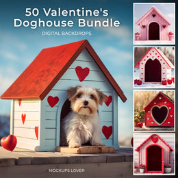 dog house digital backdrop with love theme for pets, perfect for valentine’s day photos