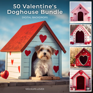 dog house digital backdrop with love theme for pets, perfect for valentine’s day photos