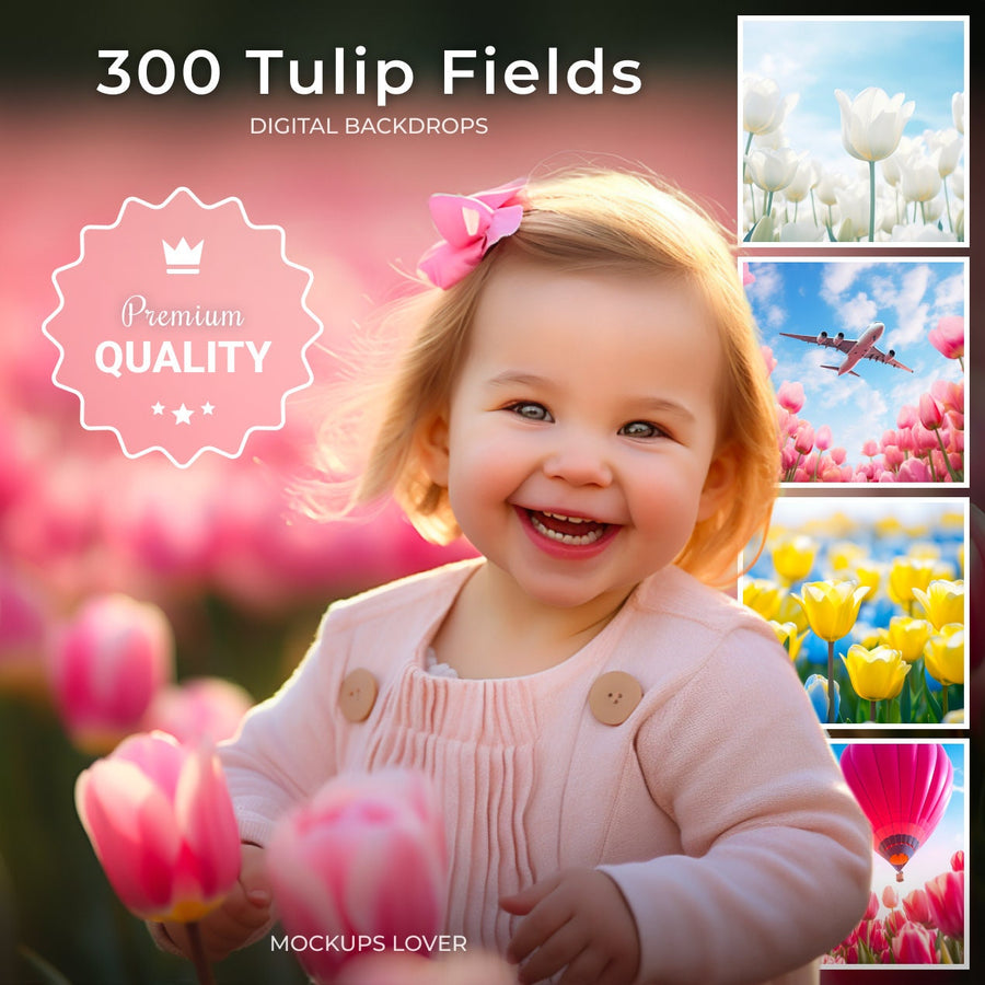 scene of a vibrant tulip field with spring blooms, suitable for layered photoshop templates and digital backgrounds