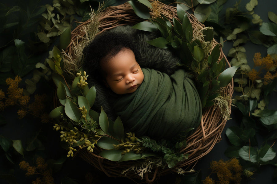newborn with green leaves in woodland backdrop, digital photo prop, baby photography scene