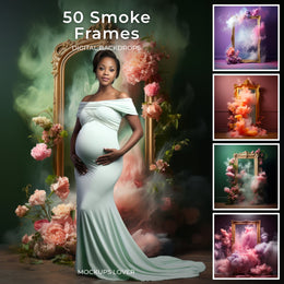 scene of a maternity photoshoot with smoke frame backdrop and floral textures, ideal for photoshop composites