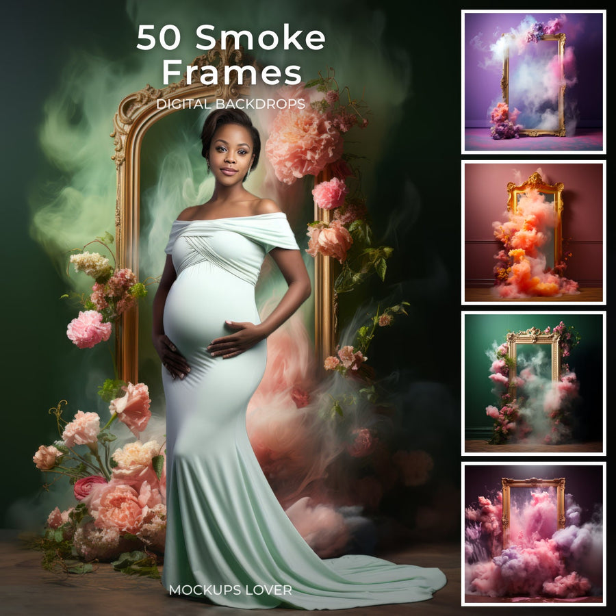 scene of a maternity photoshoot with smoke frame backdrop and floral textures, ideal for photoshop composites