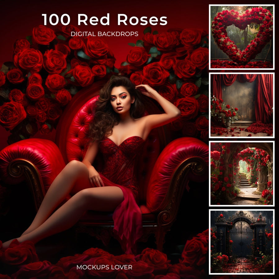 scene of red roses in a garden with romantic ambiance, suitable as a backdrop for portraits and creative projects