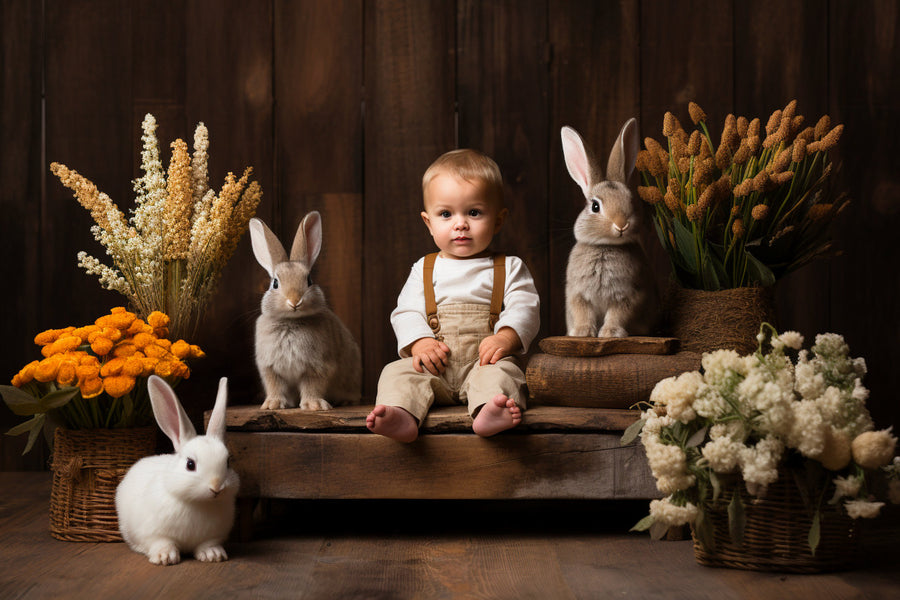 easter bunny in a rustic barn setting, perfect digital backdrop for pet or child photography