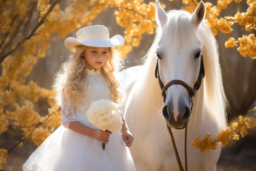 white horse in autumn forest scene, suitable for maternity and wedding portraits