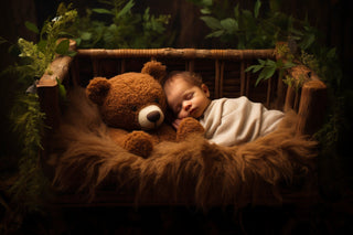 newborn baby in teddy bear themed digital backdrop for photography with plush fur and teddy bear props