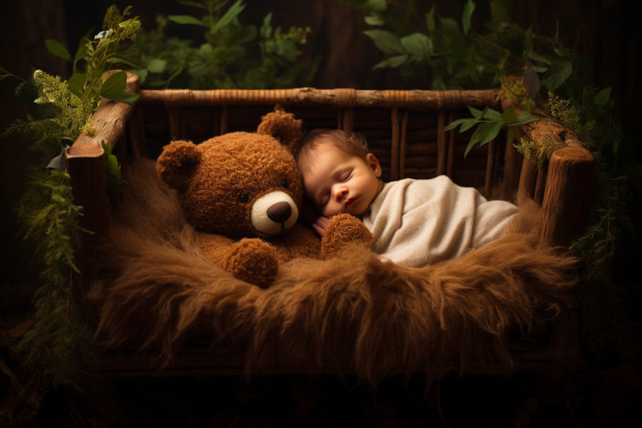 newborn baby in teddy bear themed digital backdrop for photography with plush fur and teddy bear props