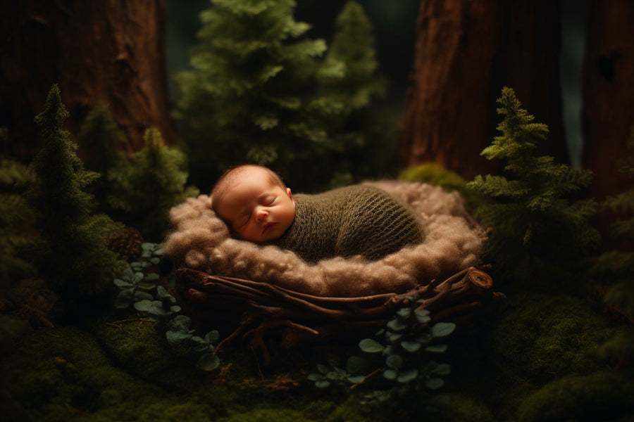 child in a rustic woodland setting with greenery and trees, perfect for newborn photo sessions