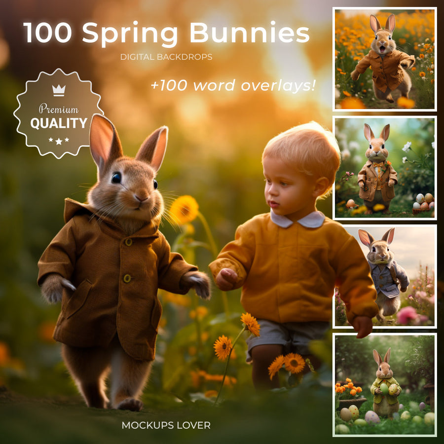 scene with a whimsical easter bunny in a blooming spring garden, suitable for photo sessions, and a set cover