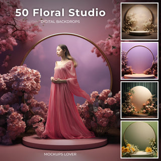 a scene featuring a floral digital backdrop designed for creative photo editing and studio use, showcasing a podium setup