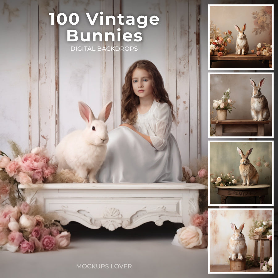 vintage bunny backdrop with easter rabbits for photoshop editing and easter decor