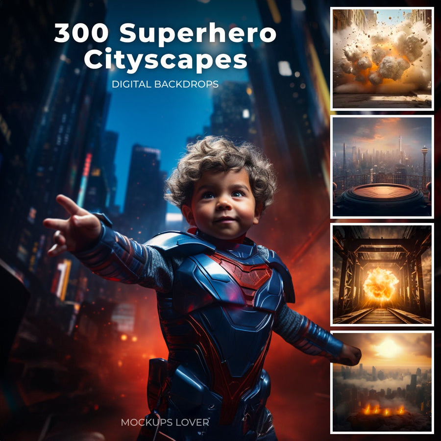 superhero standing tall amidst burning cityscape with skyscrapers, ideal for metropolis backdrops