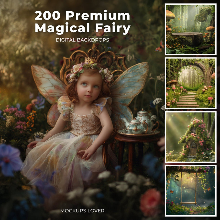 fairy princess in enchanted forest scene, digital backdrop for children's photography and fantasy themes