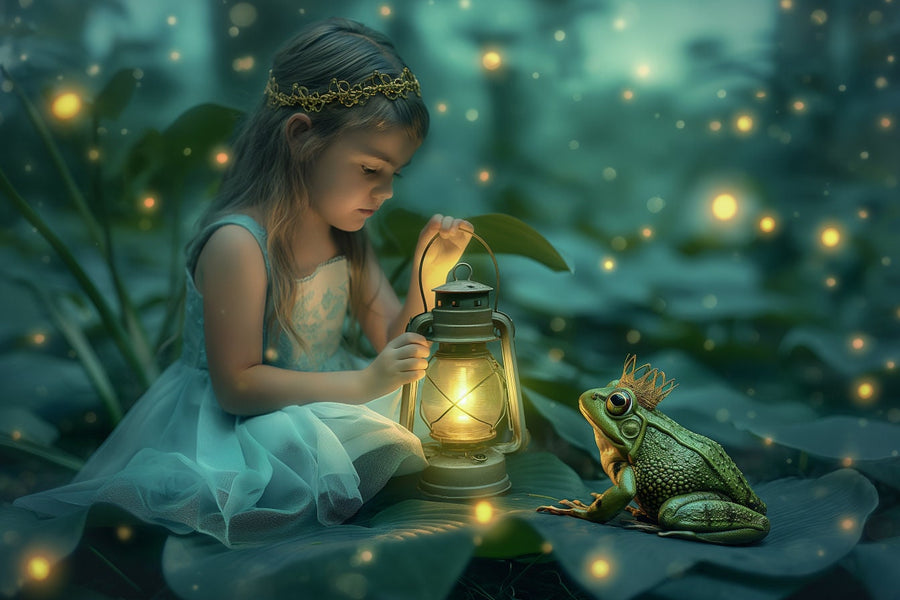 fairytale princess with frog in enchanted forest digital backdrop for kids and fairy photos