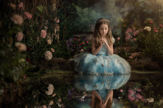 fairy children portrait with cinderella digital background, spring flowers, princess theme, photoshop template