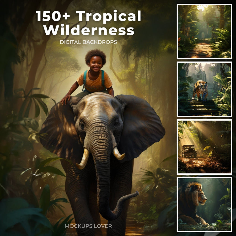 tropical safari scene cover with jungle animals for digital backdrop set