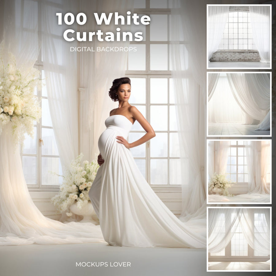 scene of white curtains as a studio backdrop, ideal for maternity and wedding photo shoots, with a clean and elegant look