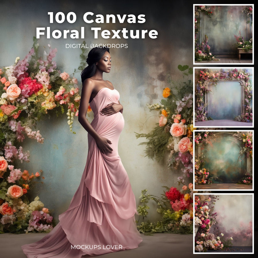 scene of a floral canvas backdrop, perfect for studio and maternity photography, with vibrant textures