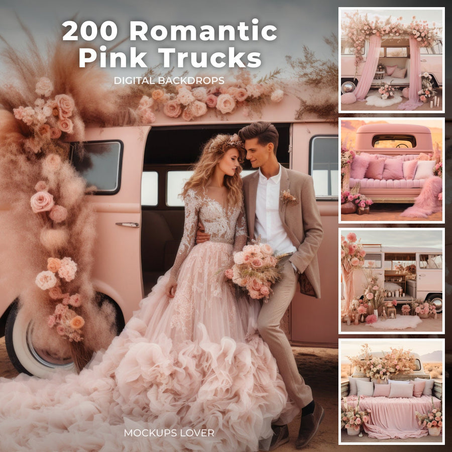 scene of a romantic pink truck backdrop, suitable for wedding and valentine's day photo shoots, with a dreamy, artistic vibe