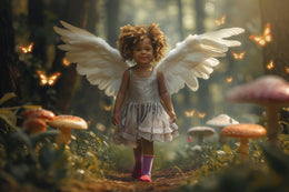fairy princess in enchanted forest scene, whimsical autumn backdrop for children photography