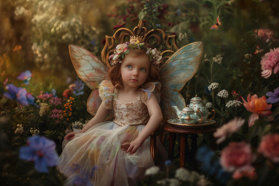 fairy figure in floral garden backdrop, vibrant fantasy scene for children photography