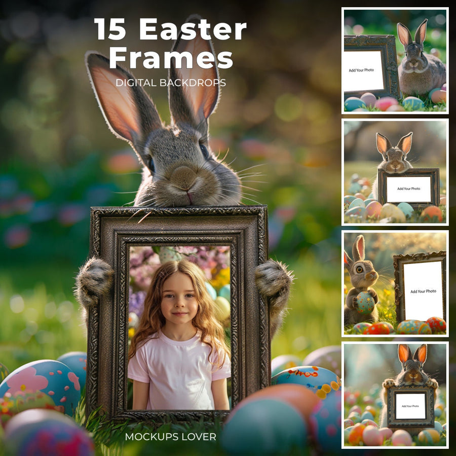 easter bunny holding a picture frame on a spring backdrop, ideal for photo editing and creative projects