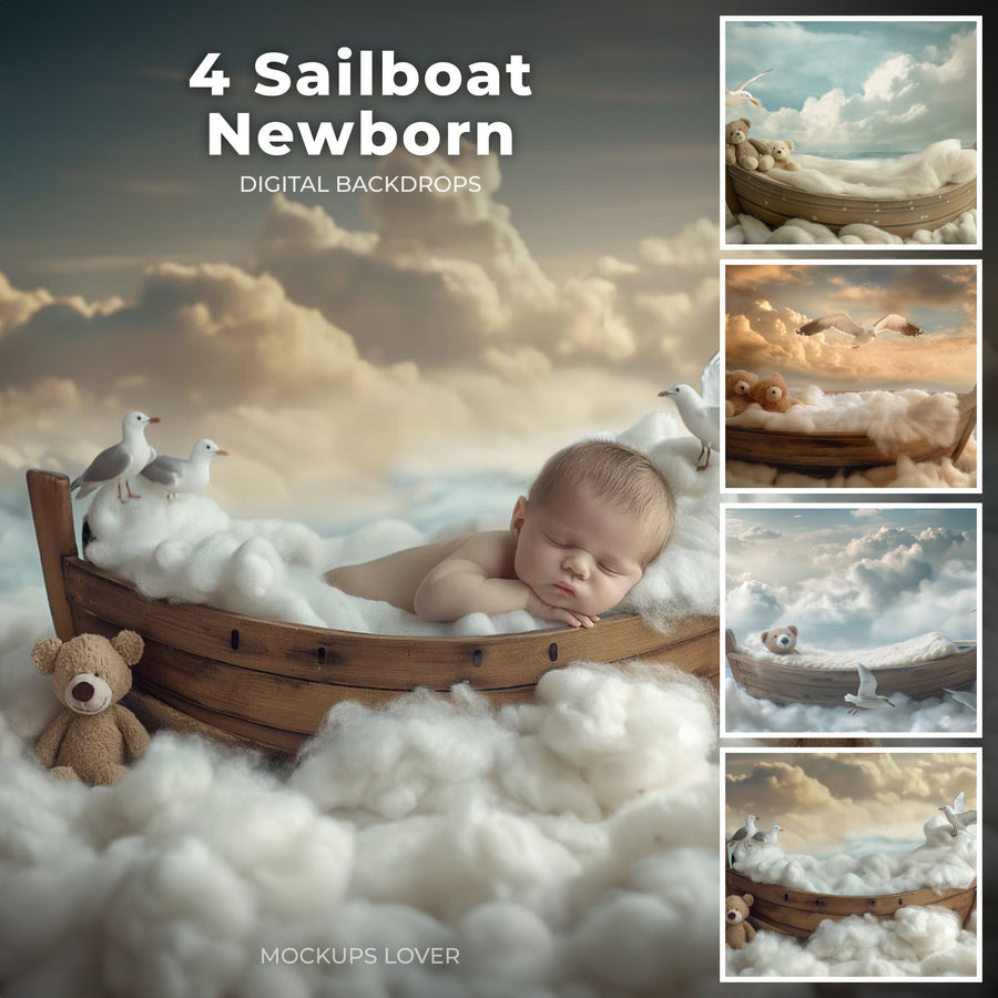 a cute baby boy or girl in a sailboat digital backdrop, perfect for newborn photo props