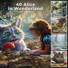 children in whimsical wonderland scene with rabbit and cat characters, forest backdrop, fantasy digital background