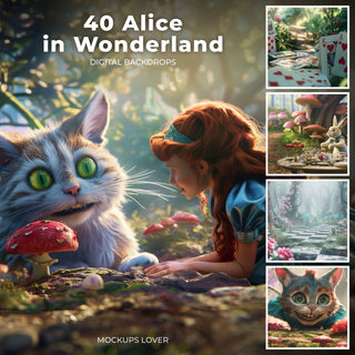 children in whimsical wonderland scene with rabbit and cat characters, forest backdrop, fantasy digital background
