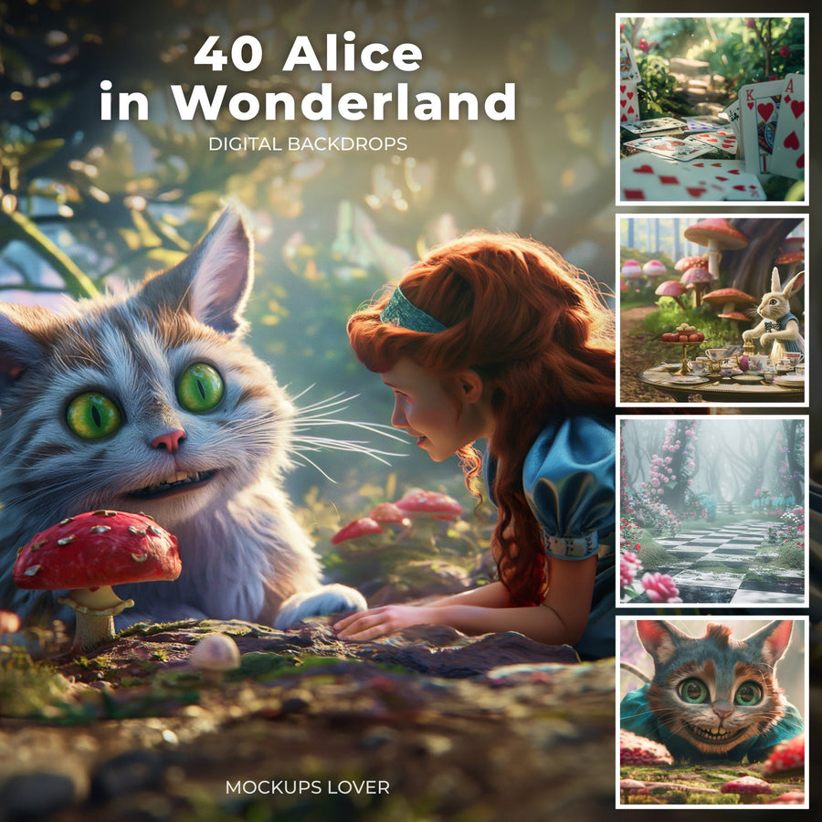 children in whimsical wonderland scene with rabbit and cat characters, forest backdrop, fantasy digital background