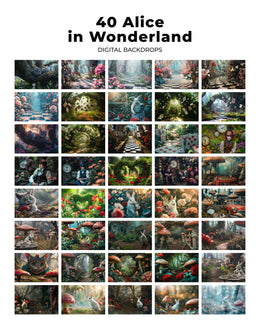 40 Alice in Wonderland Digital Background Bundle, Fine Art Portrait, Children Photography, Fairy Backdrop, Rabbit, Cat, Forest Whimsical