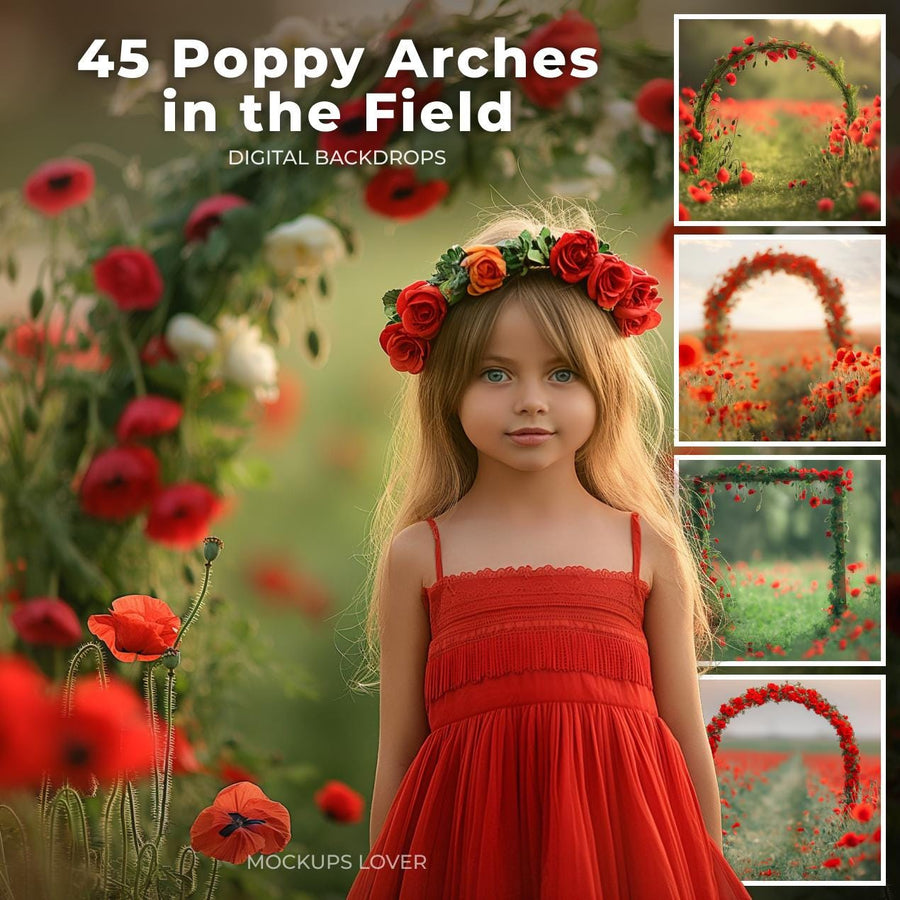 scene of a romantic poppy flower field backdrop for photography and editing, perfect for maternity and wedding themes