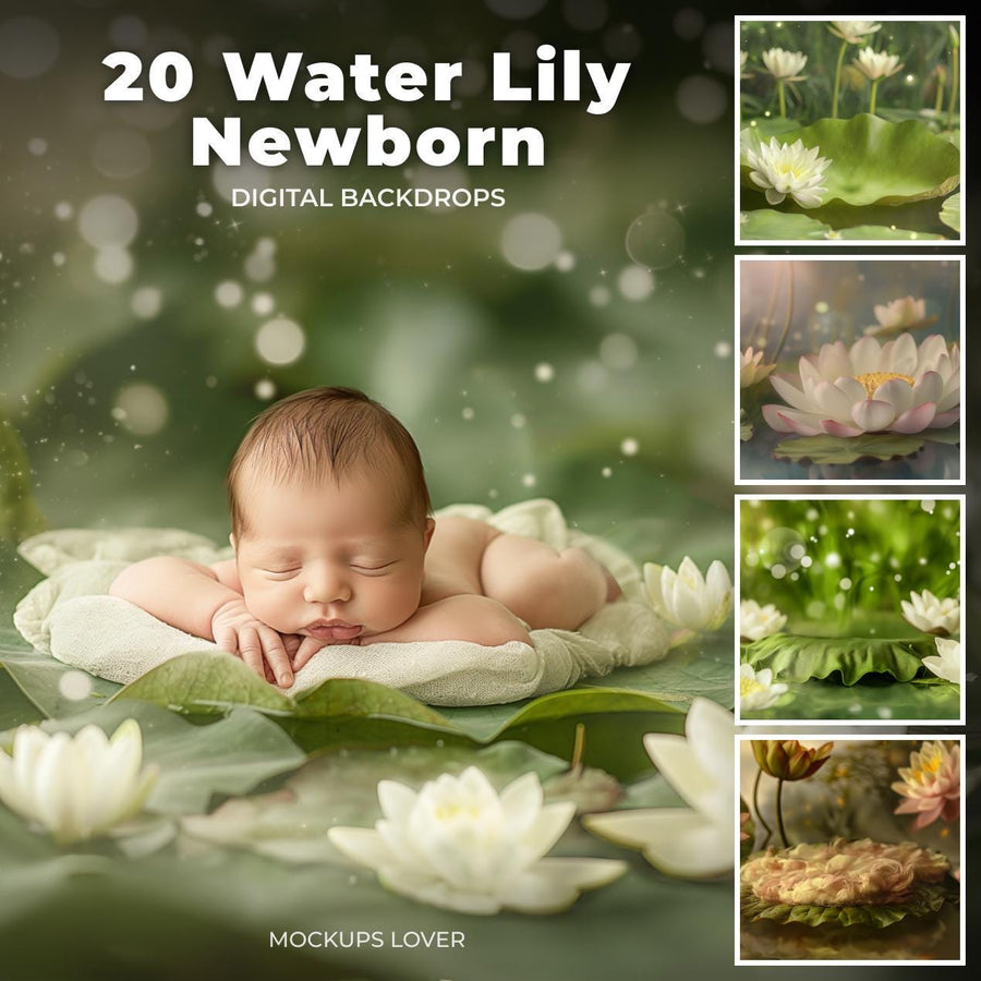 lily pond scene with water lilies and floral backdrop, suitable for newborn photography and creative composites