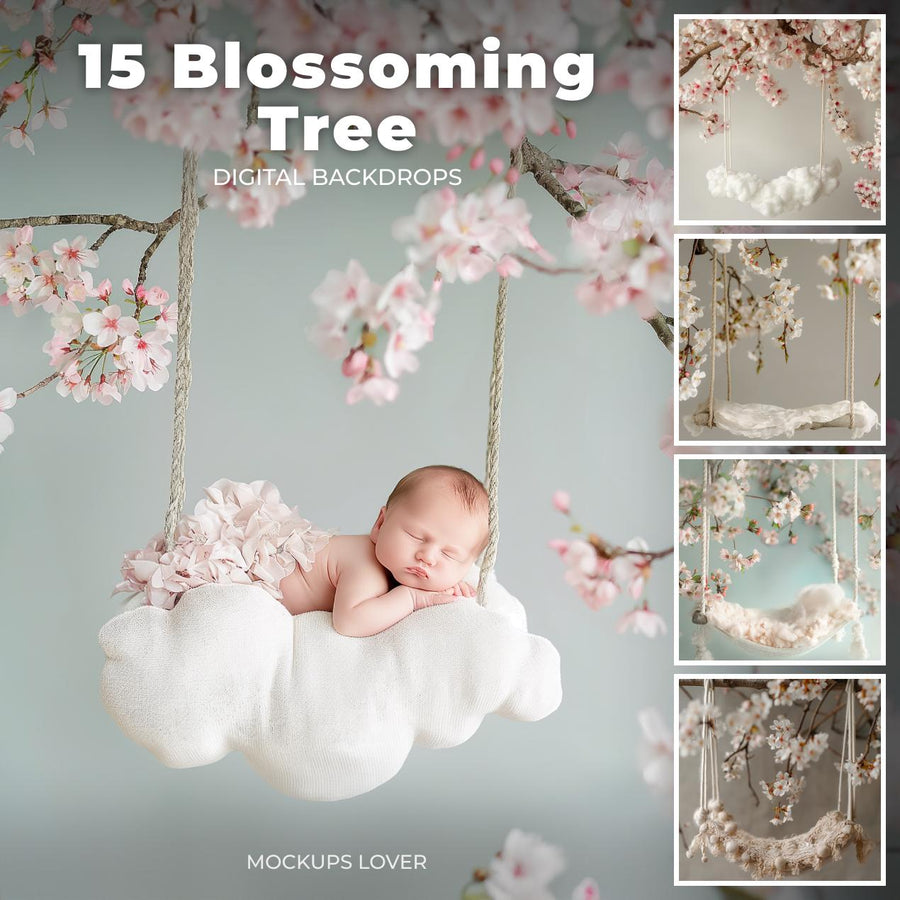 baby in a cherry blossom scene, digital backdrop, perfect for newborn photography, on a creative canvas