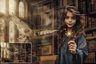 Magical Wizard Library Digital Backdrop, White Owl, Wizard School, Patronus, Editable Magic School Decor, Portrait Backdrop, Halloween Prop