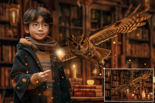 Magical Wizard Library Digital Backdrop, White Owl, Wizard School, Patronus, Editable Magic School Decor, Portrait Backdrop, Halloween Prop