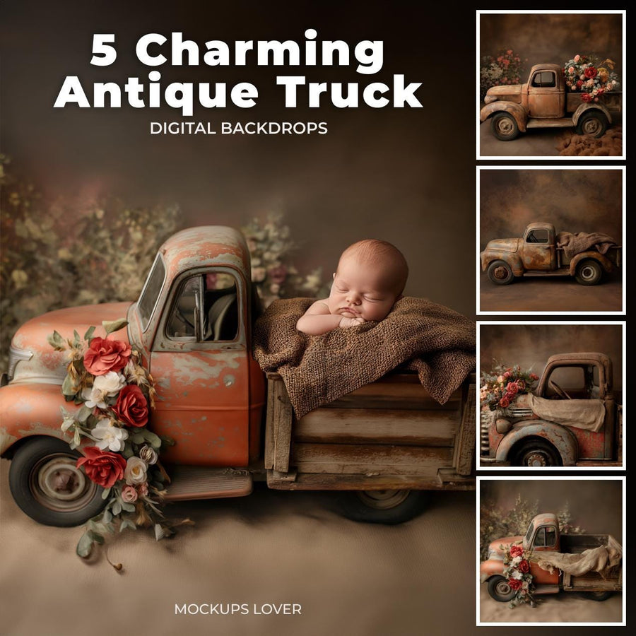vintage newborn truck digital backdrop for baby girl or boy photography studio old master composite